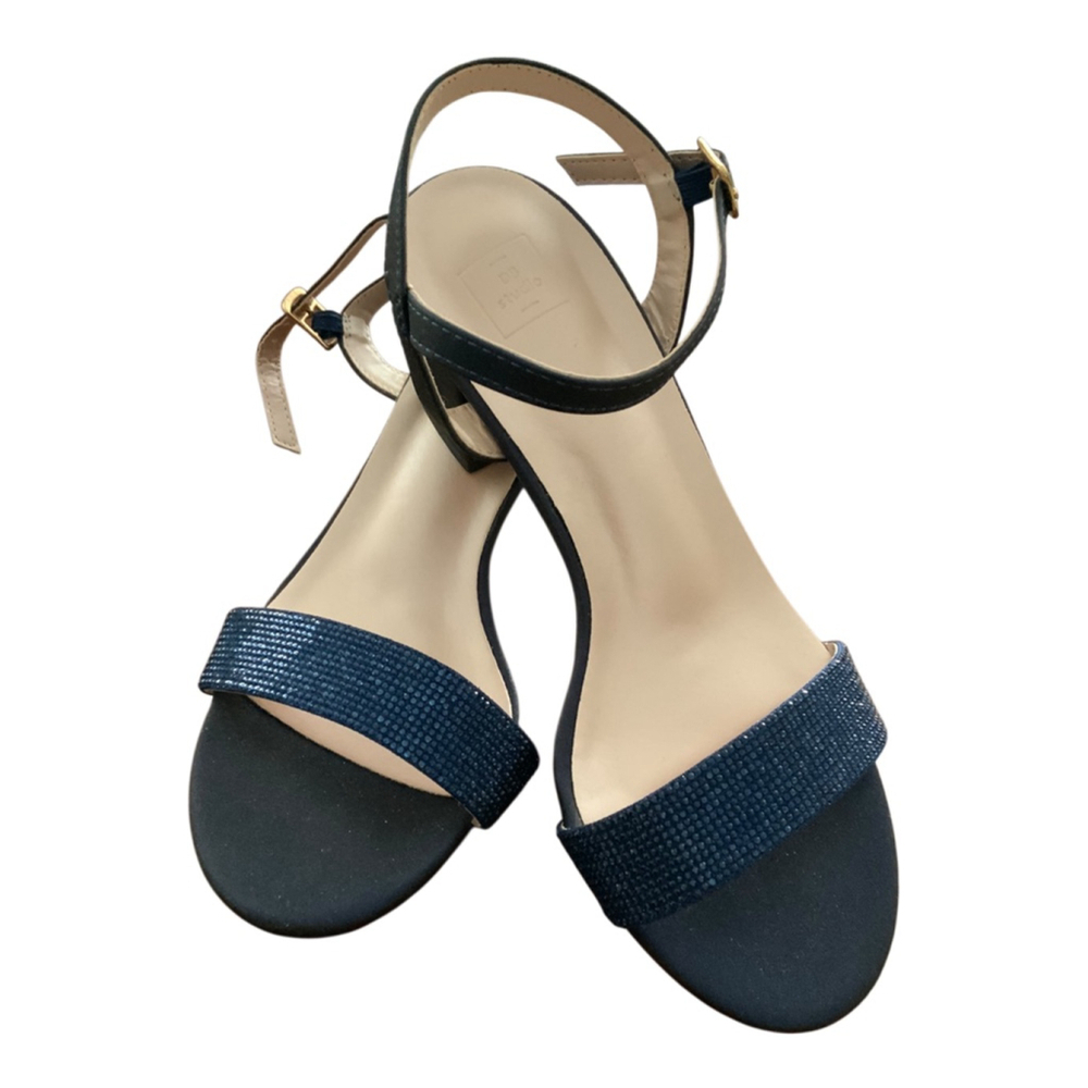 DB Studio Navy Glitter Block Heel Ankle Strap Sandals Size 6